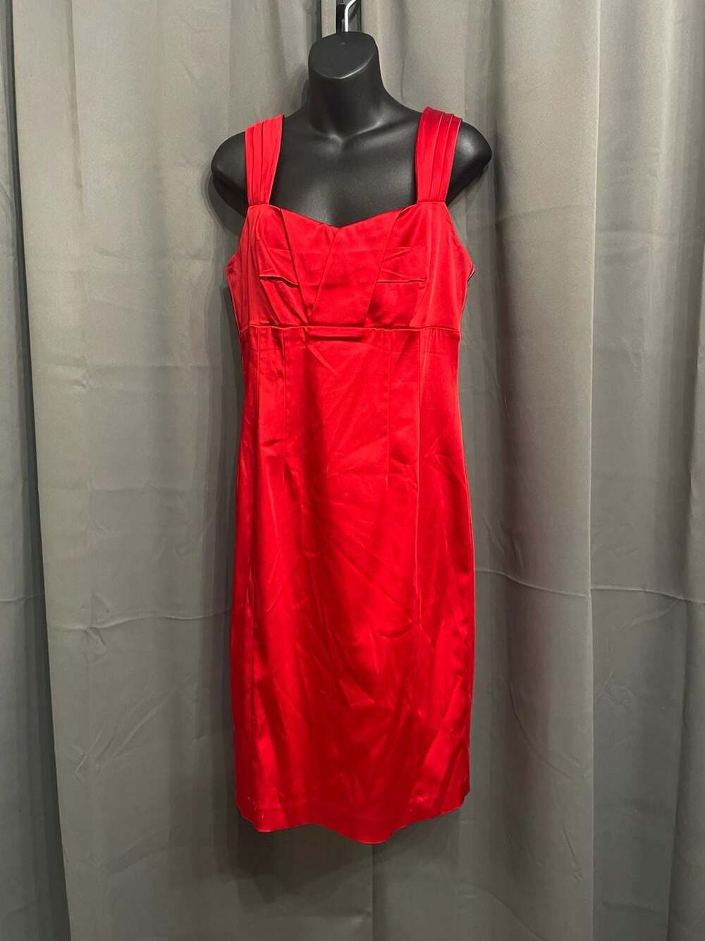 Calvin Klein Red Satin Pleated Strap Cocktail Sheath Dress